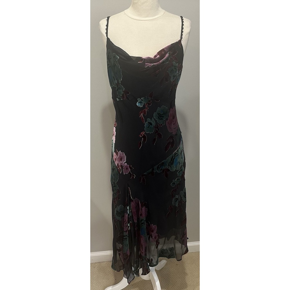 Nine West Silk Blend Burnout Velvet Floral Black Midi Dress 12 Vintage Y2K NWT